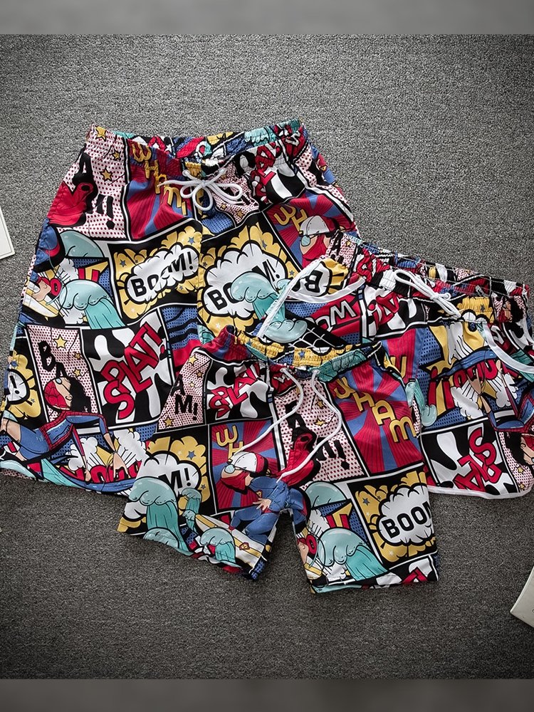 Mother and son dry shorts, five-minute bathing pants on the beach