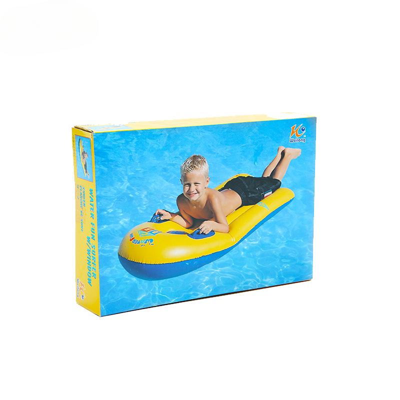 A young man's surfboard skating board inflates the board kicks with a thick slab and a summer boat with a floating pool bubble