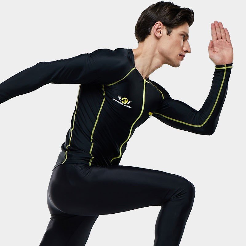 The men's bathing suit on the beach on vacation, long-sleeved, snorkeling suit black