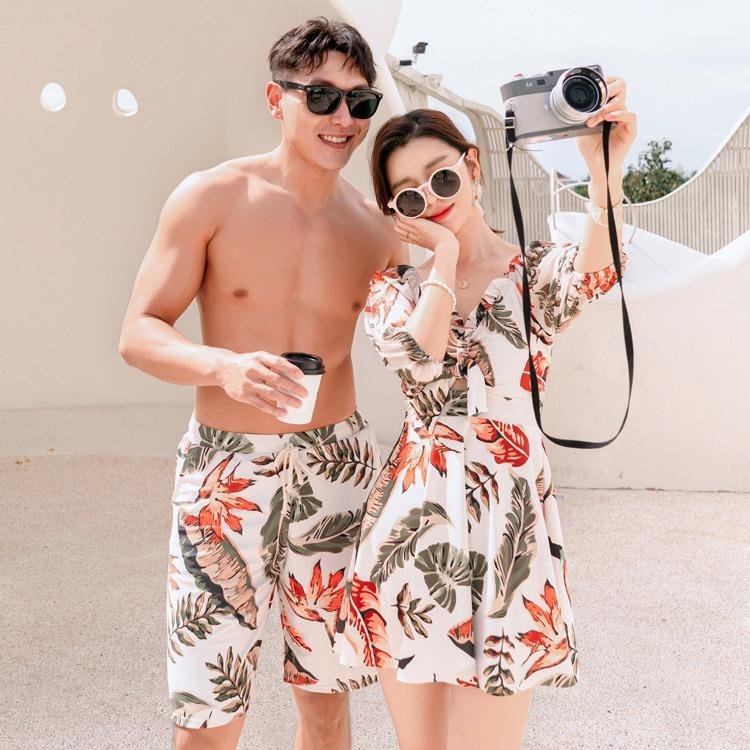 2024 new couple swimsuit girl's identity flattened to cover his belly with a hot spring swimsuit man's beach pants