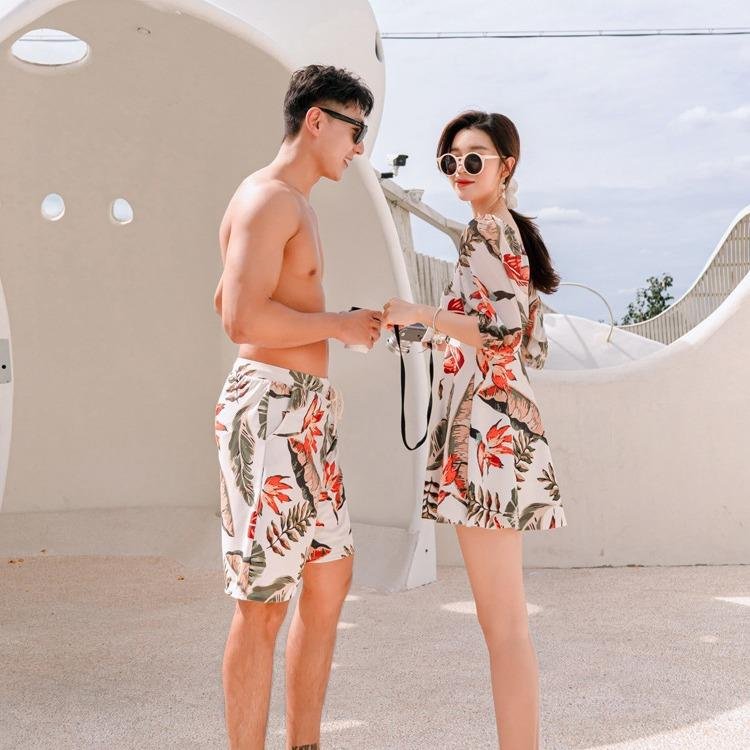 2024 new couple swimsuit girl's identity flattened to cover his belly with a hot spring swimsuit man's beach pants