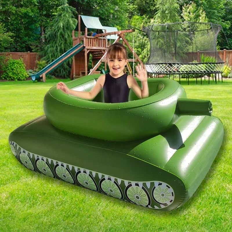Children's inflating toy tank swimming pool surfing on a sit-in-a-seating boy with a floating water gun