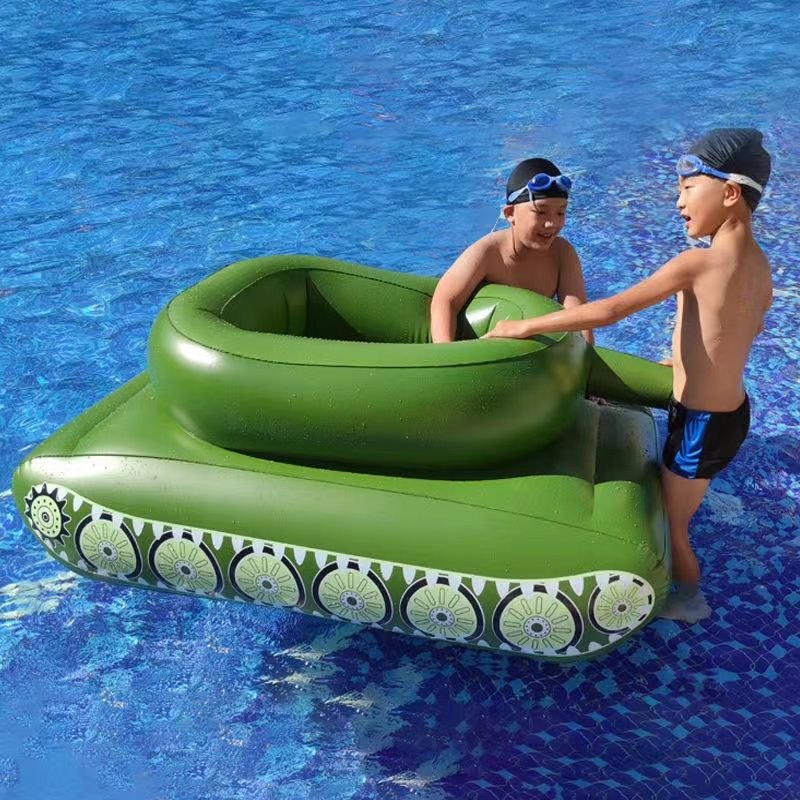 Children's inflating toy tank swimming pool surfing on a sit-in-a-seating boy with a floating water gun