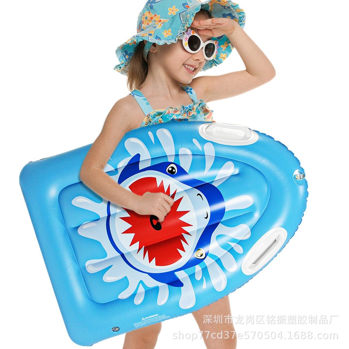 Aquatic children surfboarding seaboards to study swimming floats in inflatable children skateboards inflating sharks surfing