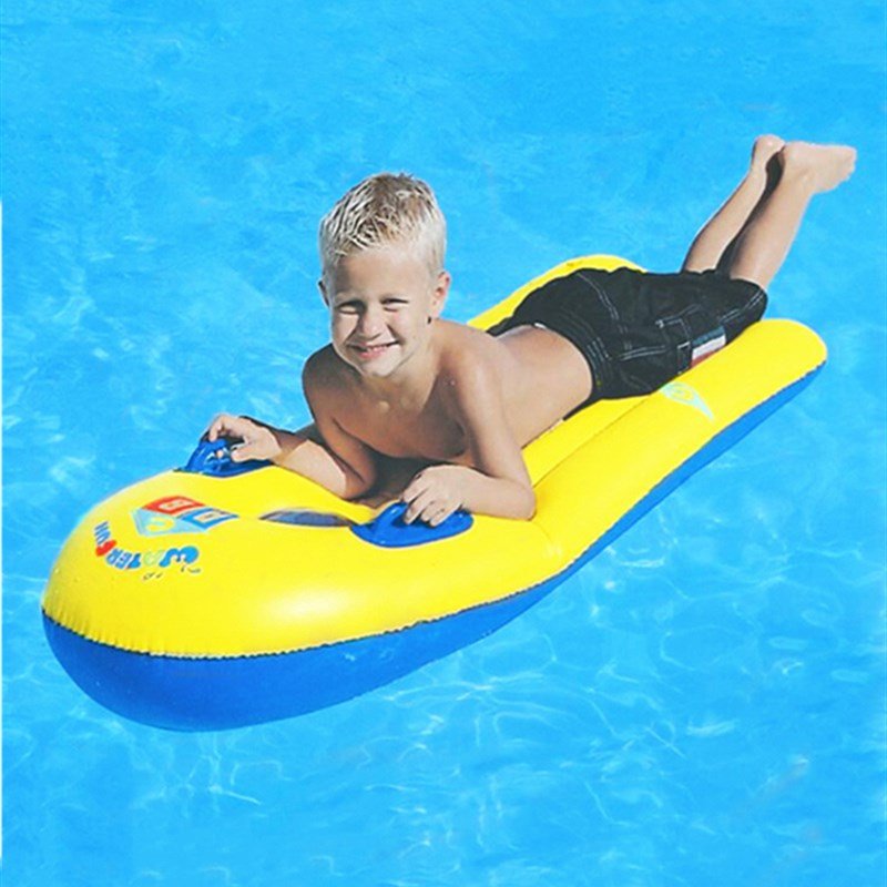 the factory's kids surfing g-board skating board inflating the slab kickboards and playing with the floating pool bubbles