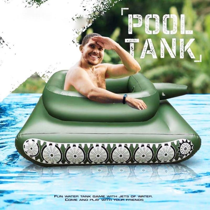 Children's tank-jet inflatable toy surfing on the water of the swimming ring