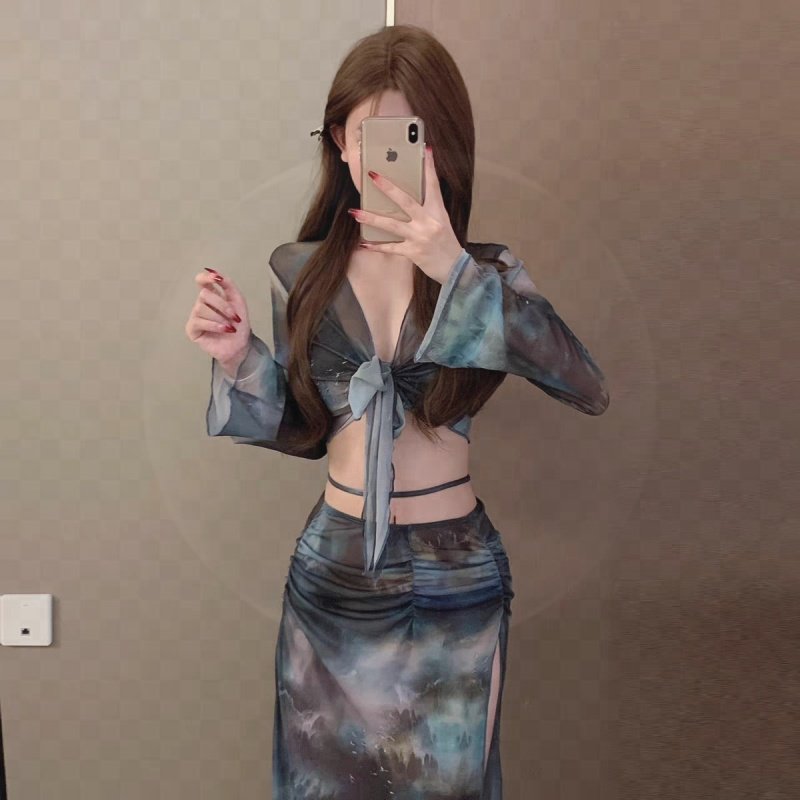 Bikini bathing suit girl, 2024 new, four-piece long skirts, sexy O-Mee, scrawny hot spring