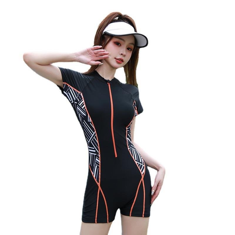 Jane Joe shows up with a thin short-sleeved, high-collar, flat-banded swimmers