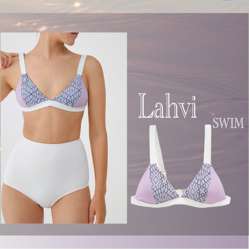 Lahvi's vacation, a purple geometry fusion of bikini, a high and low bathing suit and a lean swimsuit