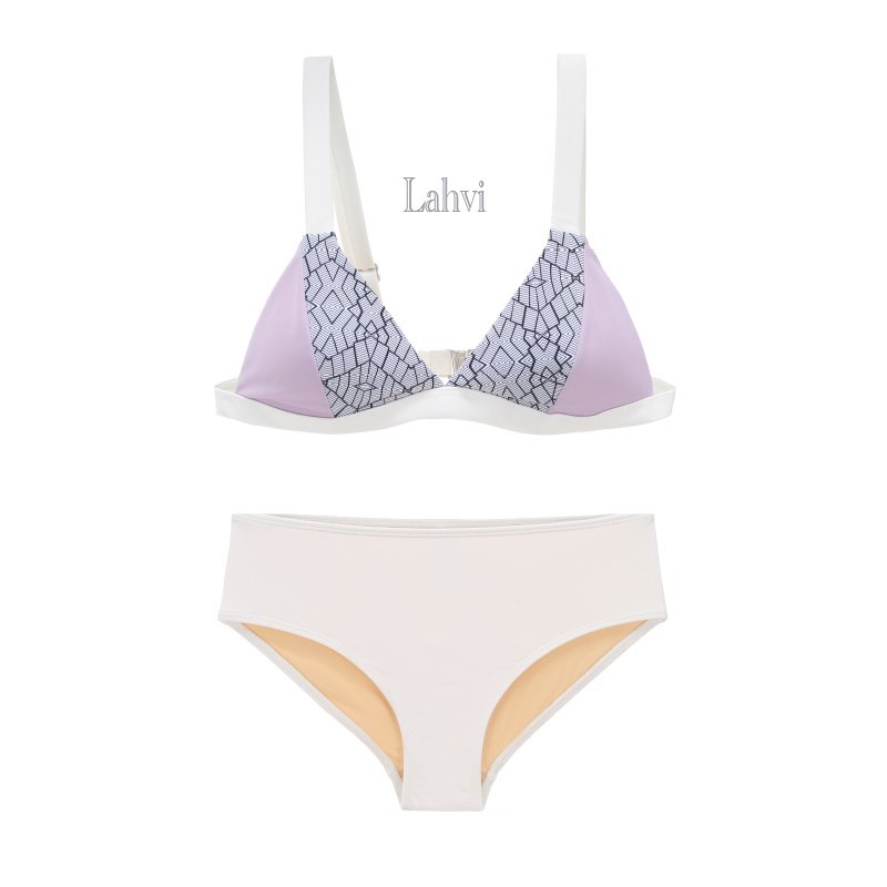 Lahvi's vacation, a purple geometry fusion of bikini, a high and low bathing suit and a lean swimsuit