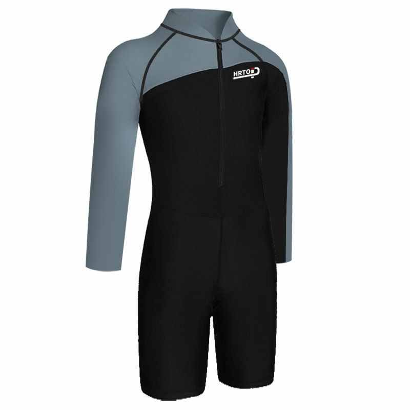 A man with a long-sleeved bathing suit, and a young man with a wet surf suit