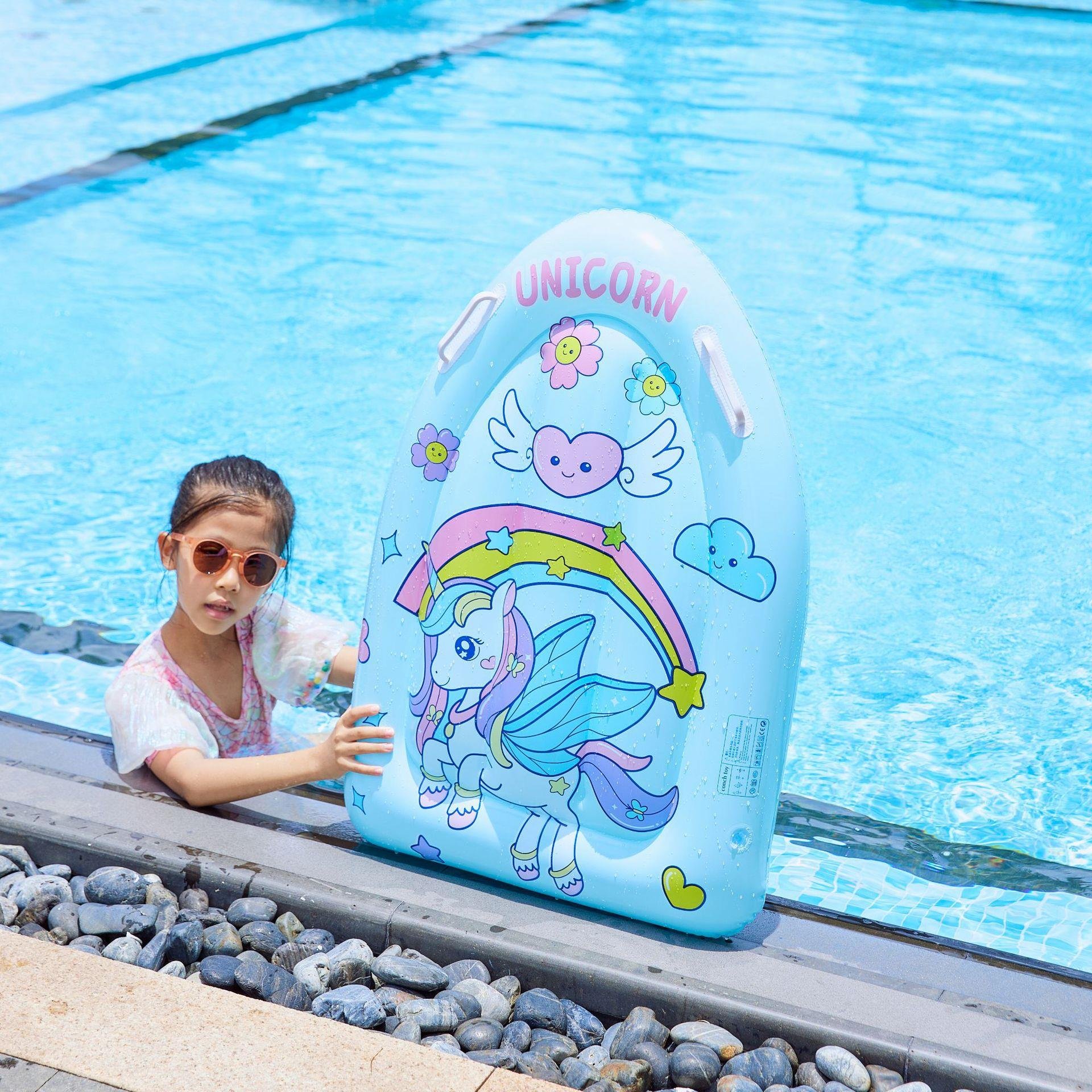 Squids, children's inflatable plume and children's surfboard bands swimming on waterboards