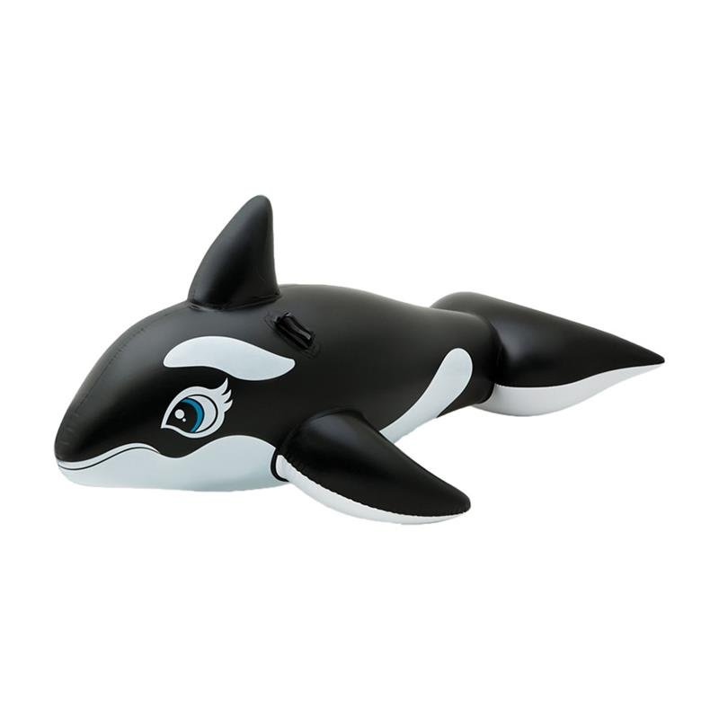 The swimming pool floats on a children's swimming ring and sits on an inflatable super-swipe dolphin whale