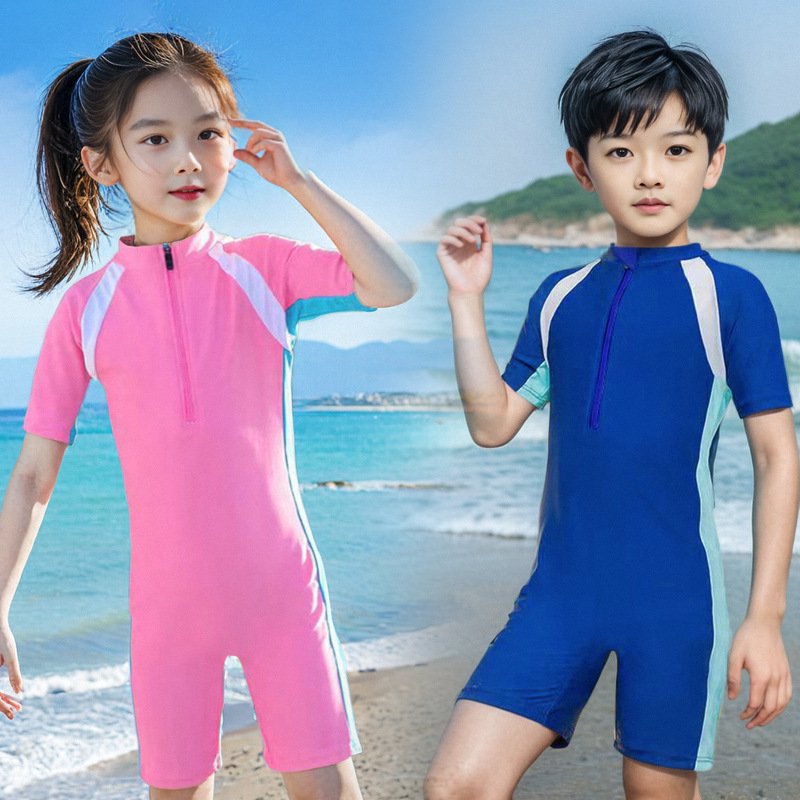 Children in bathing suits, boys and girls in sunproof baby swimsuits, boys and girls
