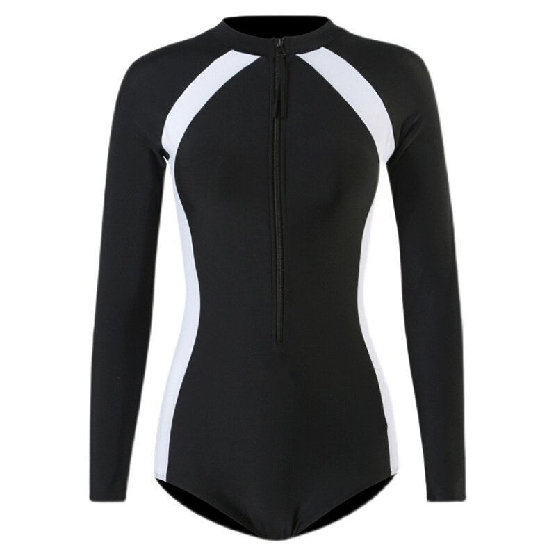 Long-sleeve surfer, student scuba-skinned sports lady