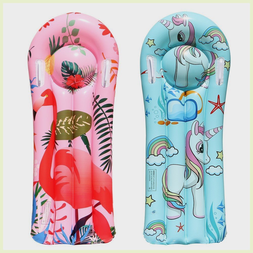 Surfboard children's floats, with their hands on the pool board, swims with floating arms