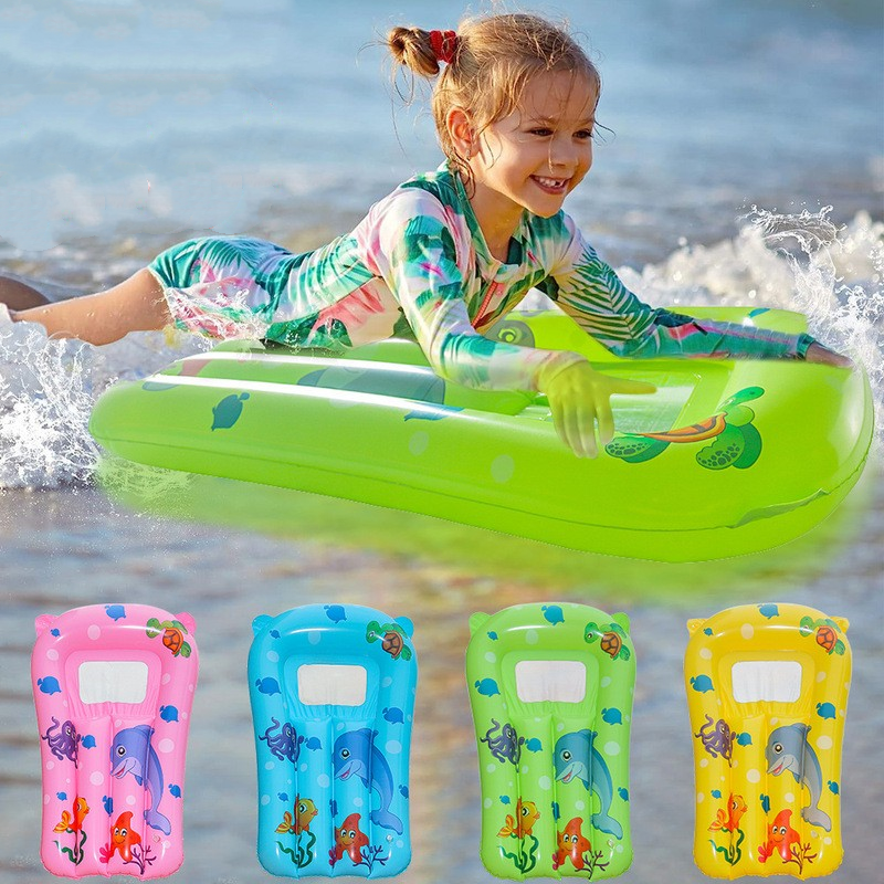The children's inflating surfboards with water and thick surfboard skateboards, and the beach swimmers float their toys