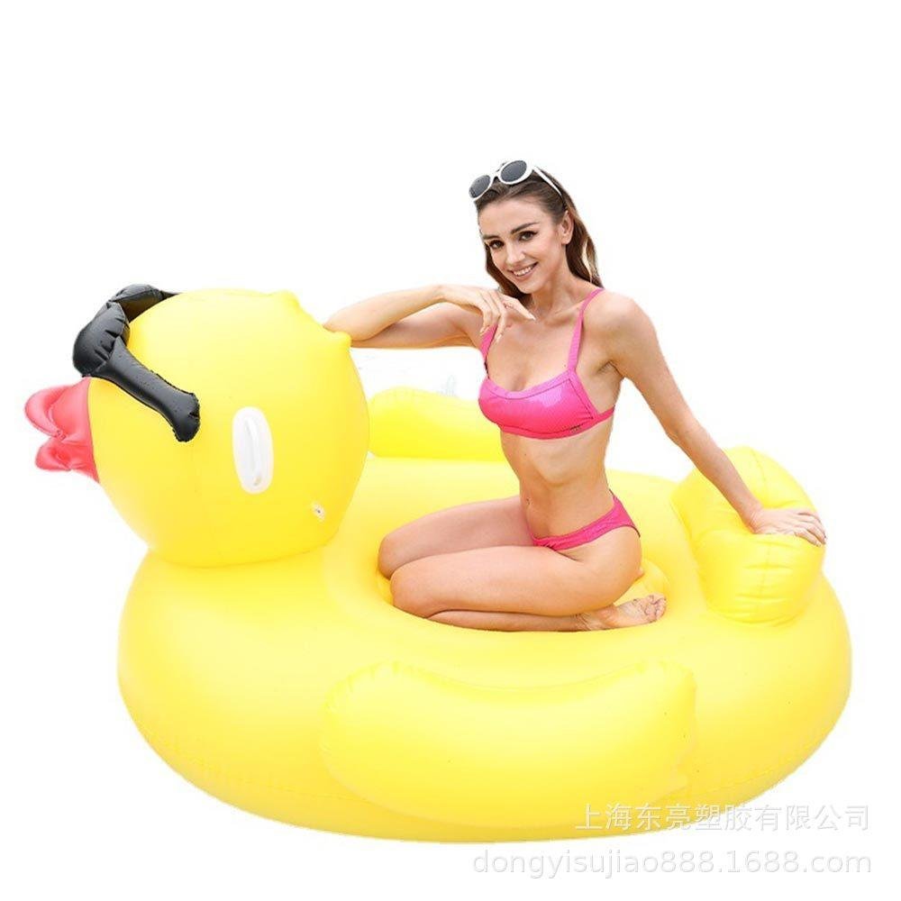 A big, floating duck surf in water, riding a pool of inflatable floating beds, adult sea toy gaskets