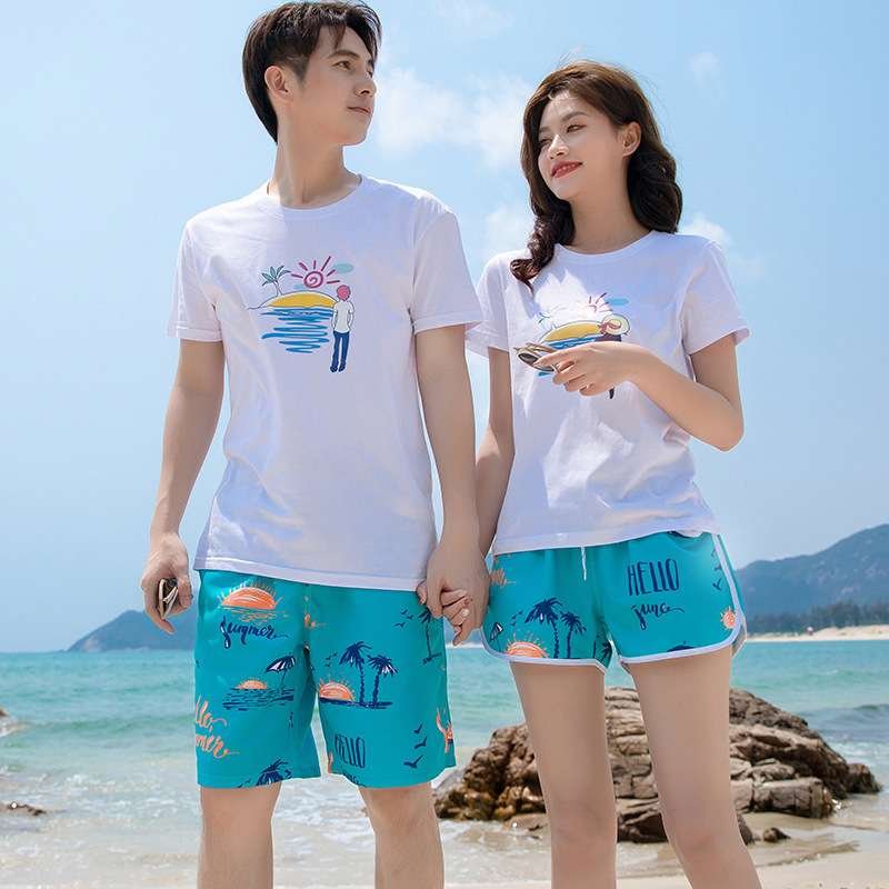 The summer beach's vacation, the couple's bathing suit, the spare shorts