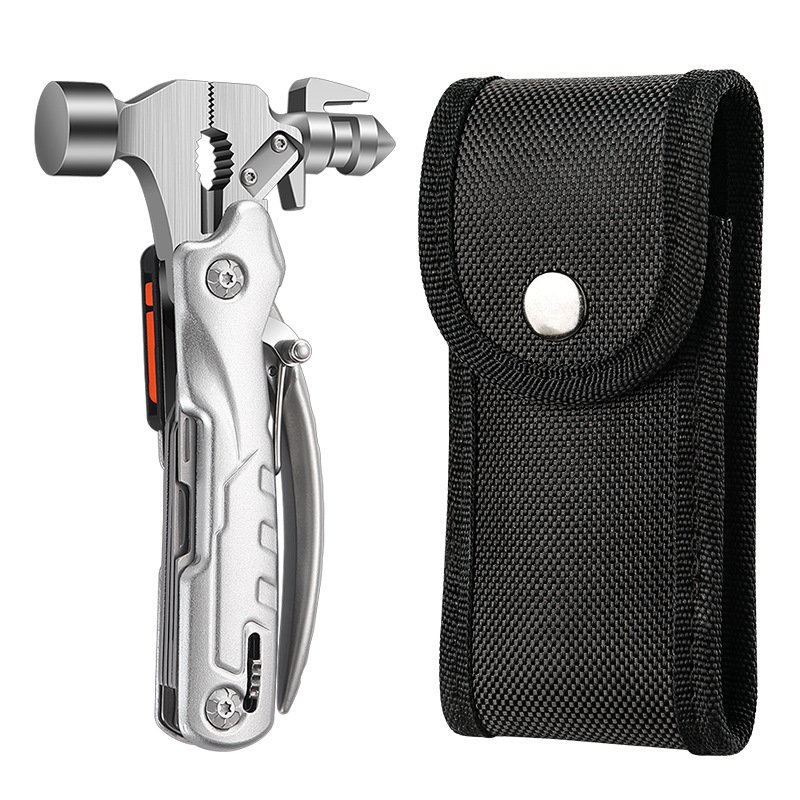 Open-air multi-purpose camper hammer, window breaker, safety hammer cutter with flashlight knife