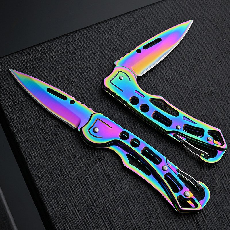 The camping knife, stainless steel, folding tools, and then the key to the outside, the sharp, multi-purpose, fruit knife