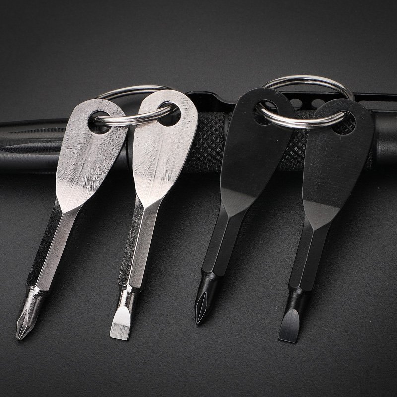 an outdoor hiking edc with a screwdriver and a pen of a little stainless steel with a key ring