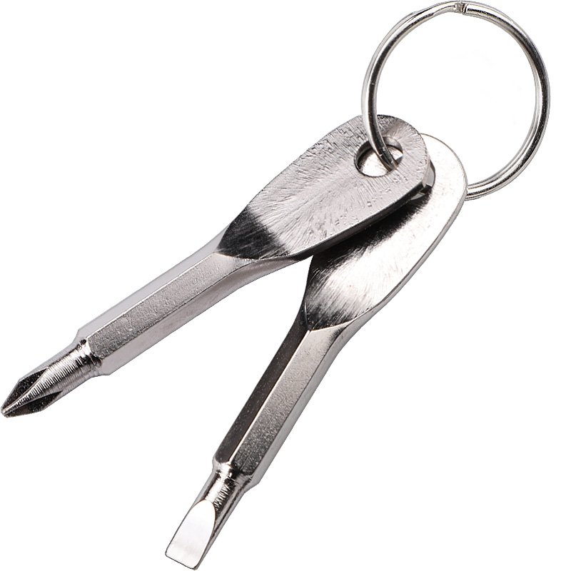 an outdoor hiking edc with a screwdriver and a pen of a little stainless steel with a key ring