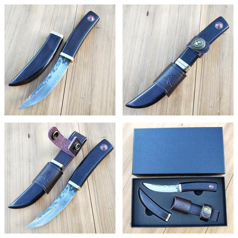 A hand-made Damascus knife with a sling and a straight knife to the camp with a sharp blade
