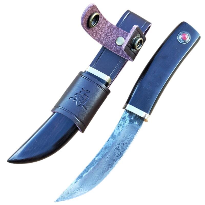 A hand-made Damascus knife with a sling and a straight knife to the camp with a sharp blade