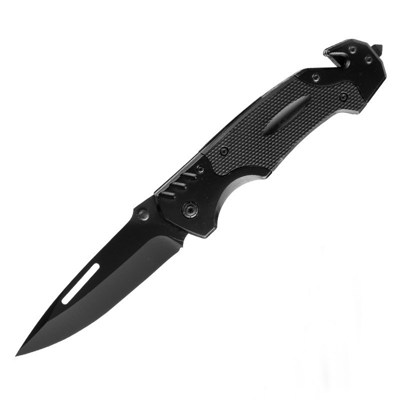 The grey titanium-coloured, high-strength self-defense tool carries a camping knife with a spring steel