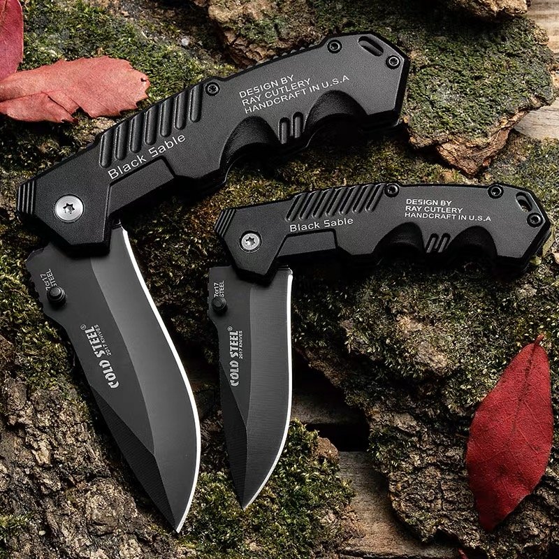 The full steel camper's folding knife is multifunctional and carries a field fruit knife in his pocket and cut his meat knife