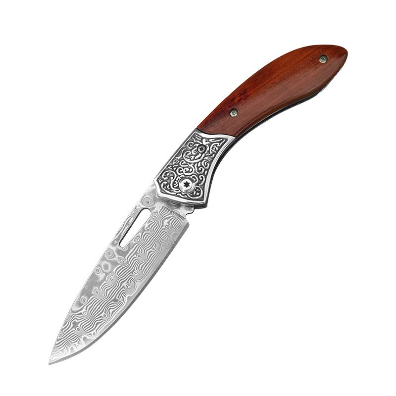 Handicrafted Damascus steel folds with a small knife hand and a blade of meat and fruit and a blade of meat