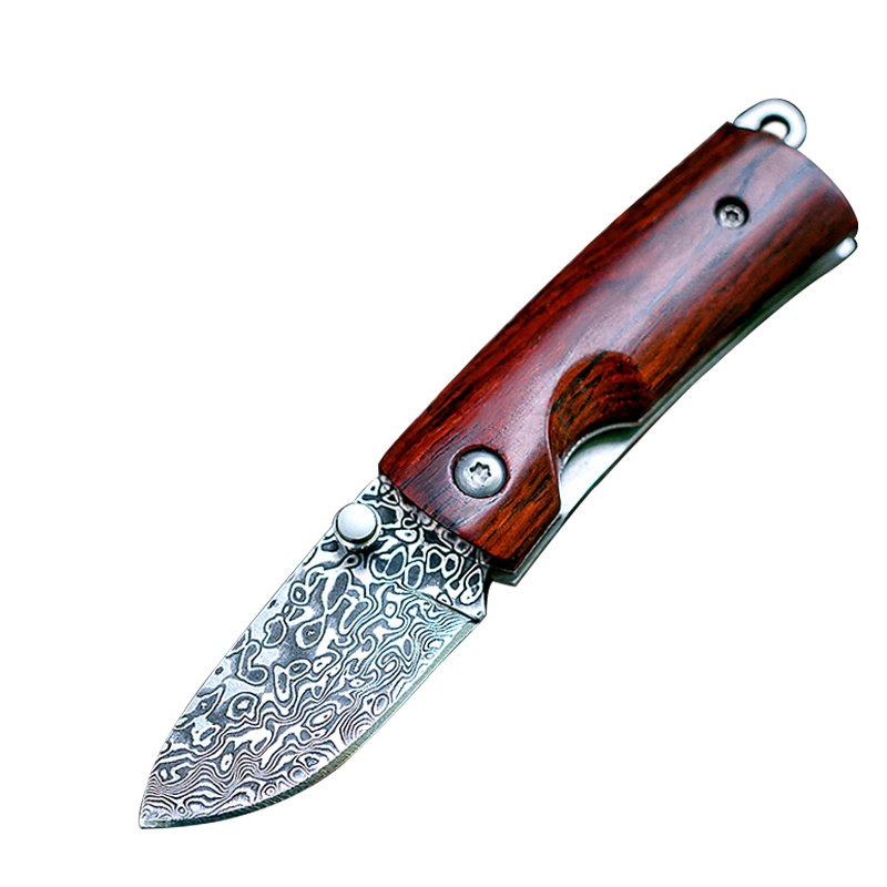 An outdoor folding knife, a machete of Damascus steel, a high-strike camping fruit knife