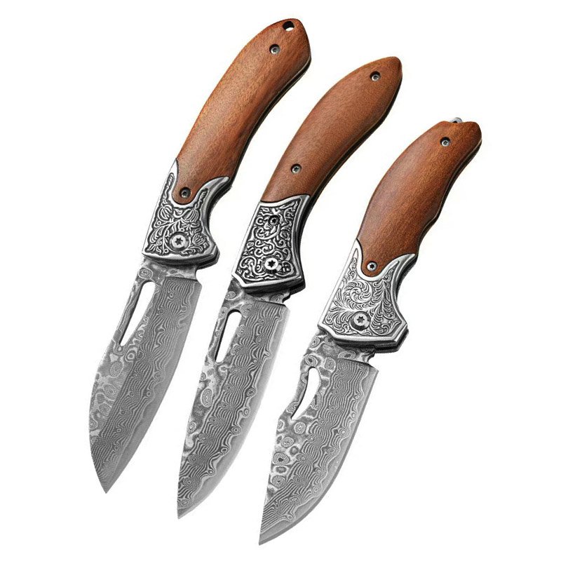 Damascus folding knife, fruit cutter, handing out a small knife, camping outside the mountain, slashing knife