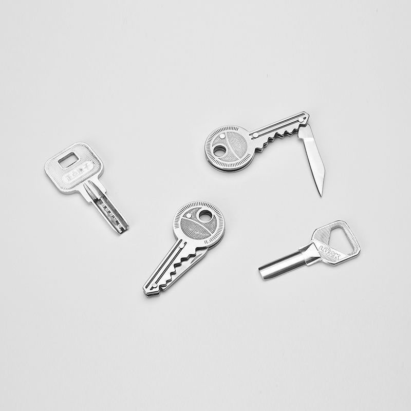 the key-button knife folds with the mini-prickedc tool stainless steel to open the delivery knife