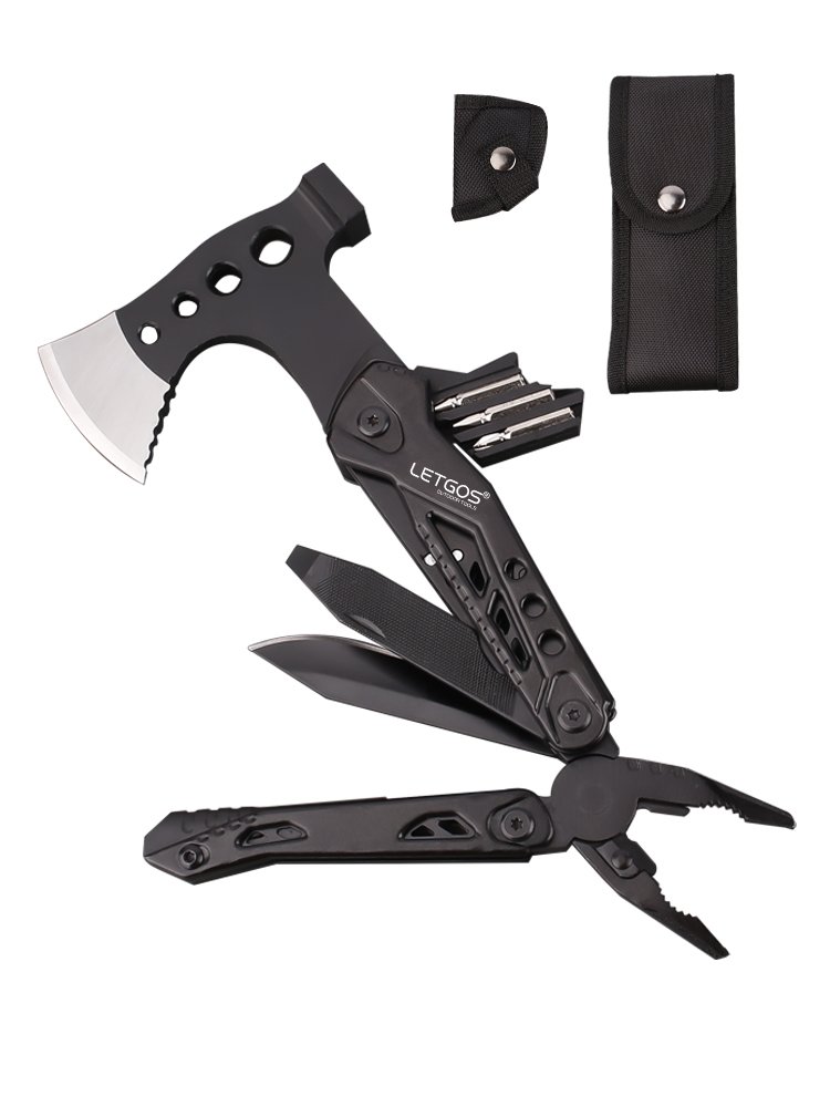 LETGOS MULTI-PURPOSE CAMPING AX OUTSIDE FOLDING TOOL, WITH A FIELD HAMMER AND A KNIFE
