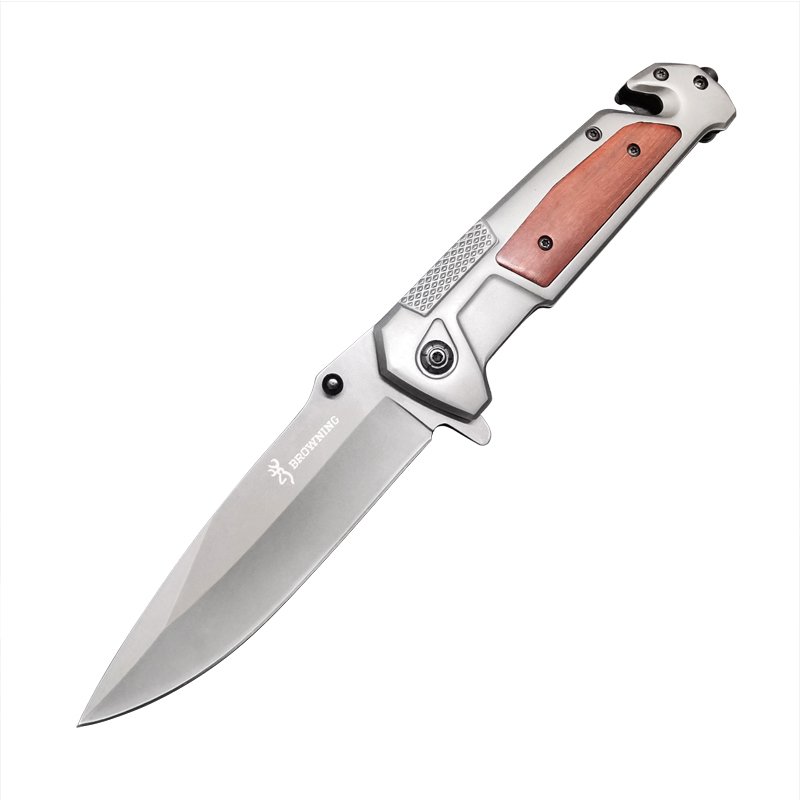 The field camp for a defensive survival knife folds a stainless steel knife to cut a window and cut a rope to survive