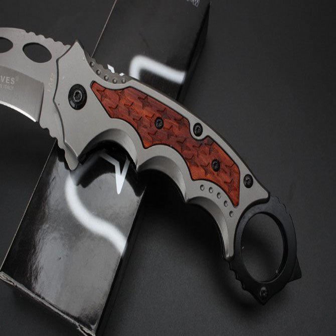 An outdoor stainless steel knife with a multi-purpose, high-string mini-paws and a field defense