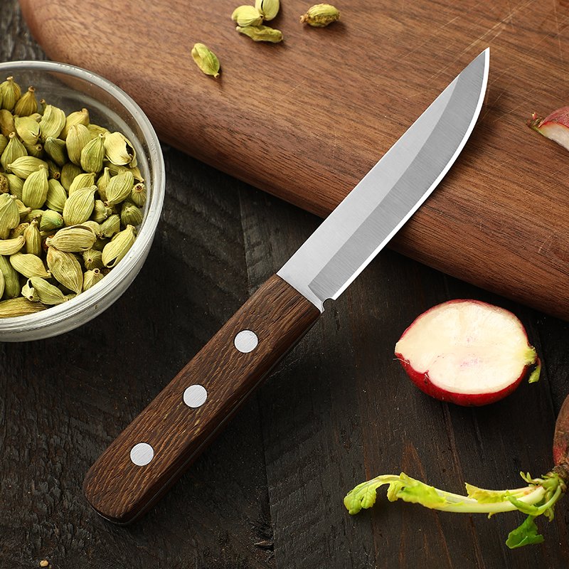 A meat knife on a field barbeque with a stainless steel fruit knife