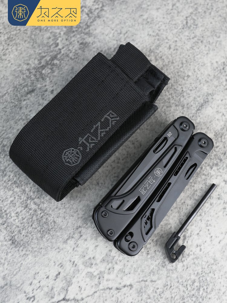 A MULTI-PURPOSE PLIER FOLDING TOOL, A D2 STEEL, BLACK SWISS ARMY KNIFE EMERGENCY EQUIPMENT TO PROTECT THE EXTERIOR