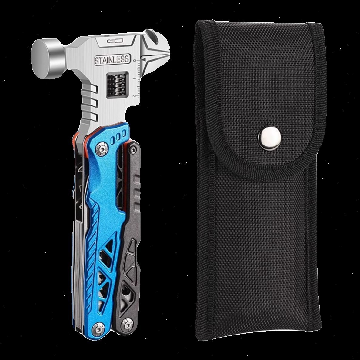 An outdoor multi-purpose wrench hammer and a folding knife saw a field camper with a broken window and an emergency combination tool