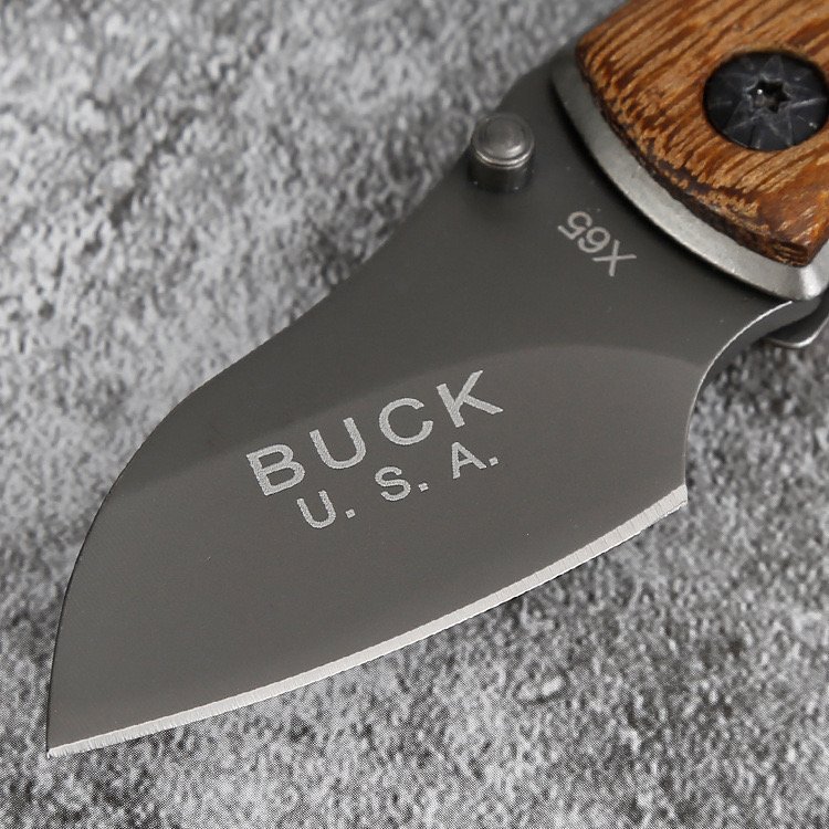 BUCK X-65 FOLDING KNIFE OUTSIDE, FIELD-PROTECTED WOODEN HANDLE KNIFE, CAMPING FRUIT KNIFE