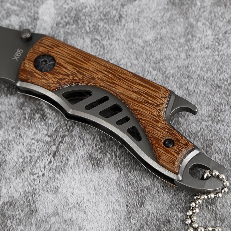BUCK X-65 FOLDING KNIFE OUTSIDE, FIELD-PROTECTED WOODEN HANDLE KNIFE, CAMPING FRUIT KNIFE