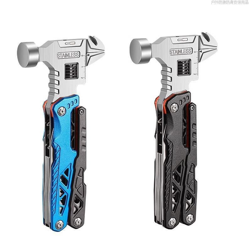 An outdoor multi-purpose wrench hammer folds up a self-defense knife with a window-breaker in a field vehicle