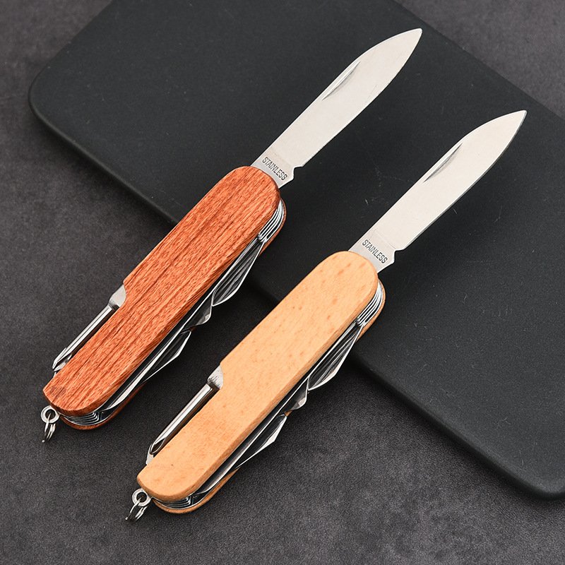 Multipurpose knife tools, folding of exterior knife, multifunctional wooden handle knife, camping tool