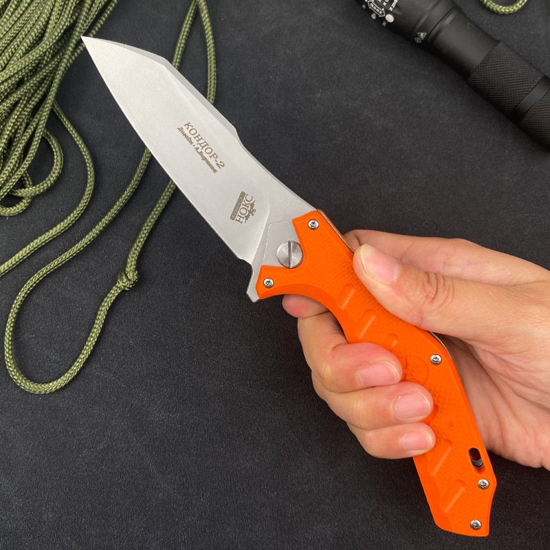 A multi-purpose folding knife, a camping knife, carries meat and fruit with him