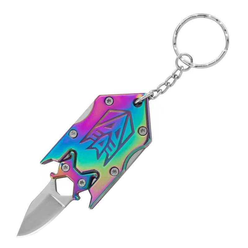 An outdoor knife folded with a little knife attached to the key to unpacking a box of mini-swords
