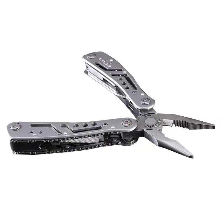 Multi-purpose pliers will be used to fold rusty steel pellets with field survival equipment on a camper