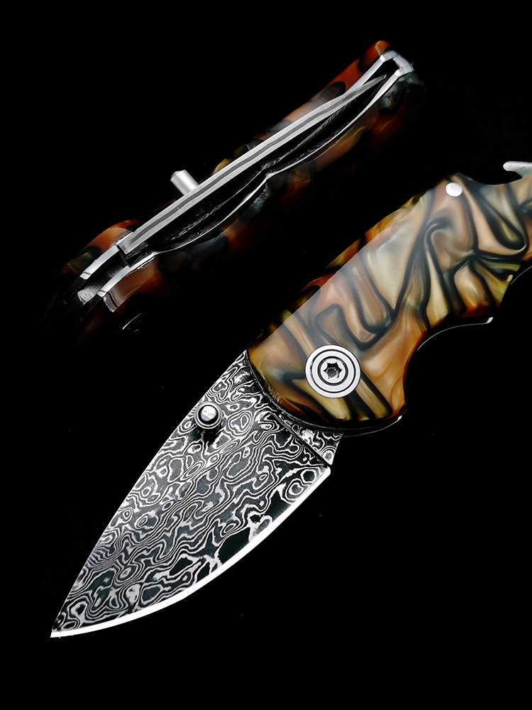 Damascus steel folding knife, pocket knife, family with a fruit knife, camping with a meat knife