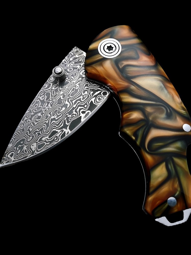 Damascus steel folding knife, pocket knife, family with a fruit knife, camping with a meat knife
